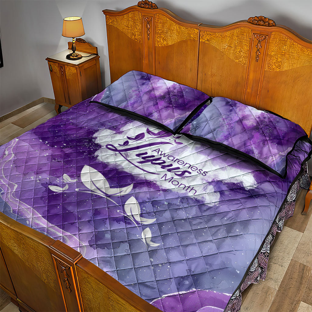 Lupus Awareness Month Quilt Bed Set Purple Ribbon Watercolor Galaxy Butterfly Floral Support Art