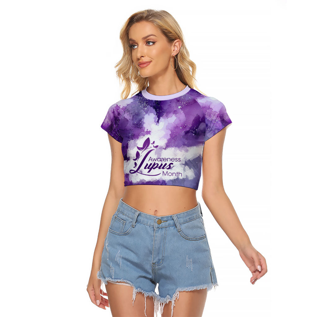 Lupus Awareness Month Raglan Cropped T Shirt Purple Ribbon Watercolor Galaxy Butterfly Floral Support Art