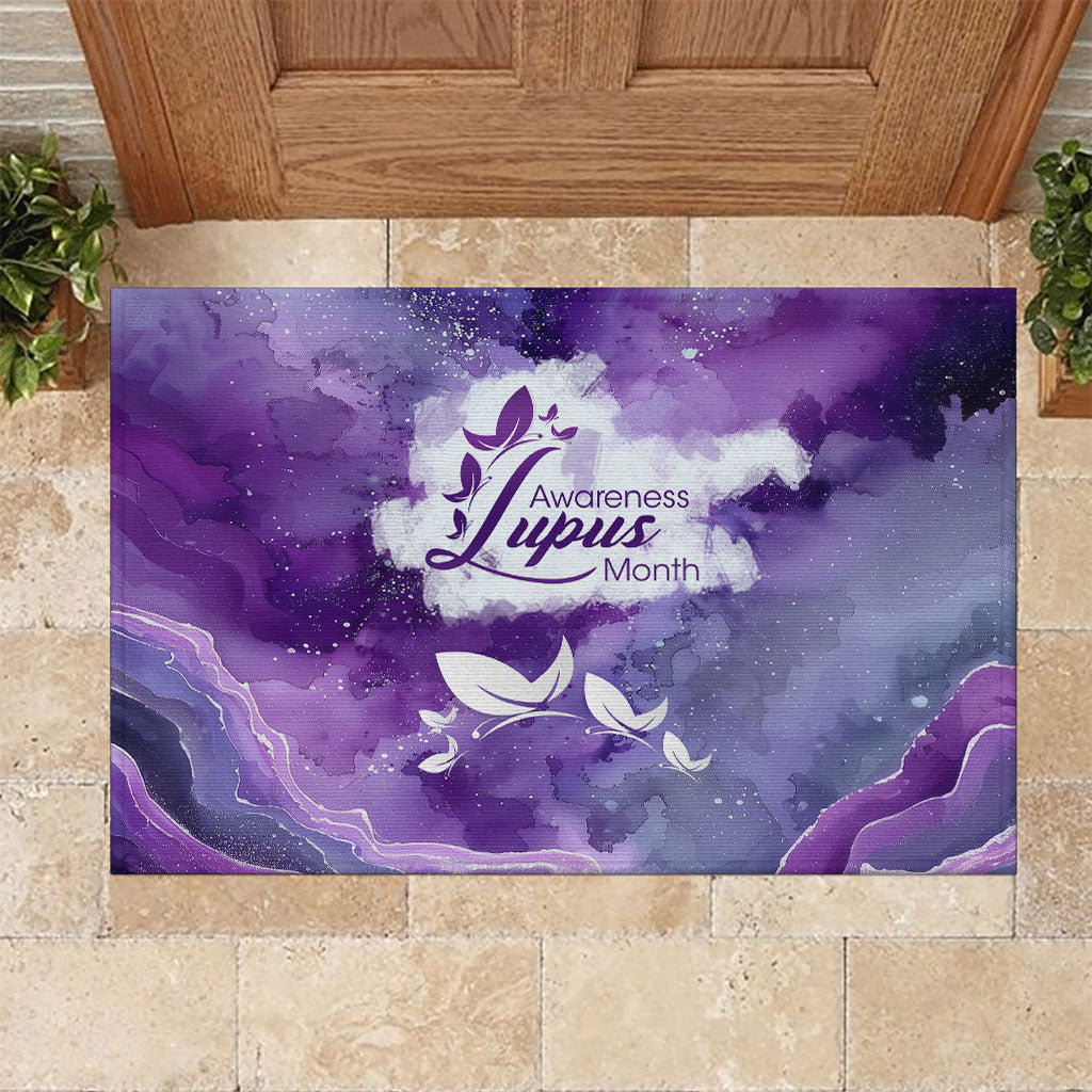 Lupus Awareness Month Rubber Doormat Purple Ribbon Watercolor Galaxy Butterfly Floral Support Art