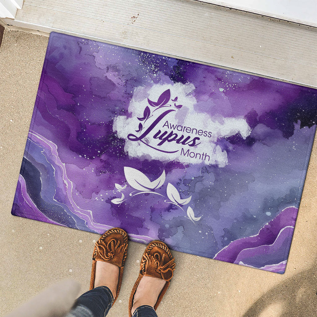 Lupus Awareness Month Rubber Doormat Purple Ribbon Watercolor Galaxy Butterfly Floral Support Art