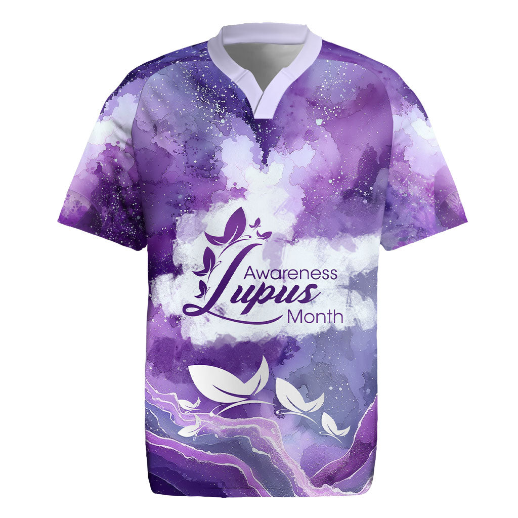 Lupus Awareness Month Rugby Jersey Purple Ribbon Watercolor Galaxy Butterfly Floral Support Art
