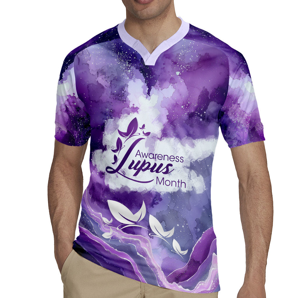 Lupus Awareness Month Rugby Jersey Purple Ribbon Watercolor Galaxy Butterfly Floral Support Art