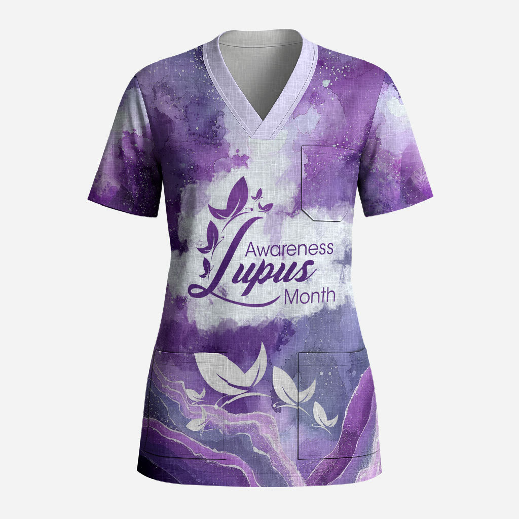 Lupus Awareness Month Scrub Top Purple Ribbon Watercolor Galaxy Butterfly Floral Support Art