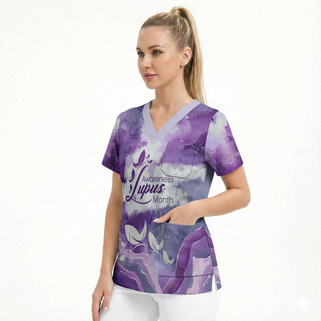 Lupus Awareness Month Scrub Top Purple Ribbon Watercolor Galaxy Butterfly Floral Support Art