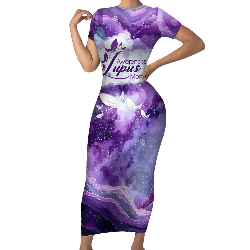 Lupus Awareness Month Short Sleeve Bodycon Dress Purple Ribbon Watercolor Galaxy Butterfly Floral Support Art