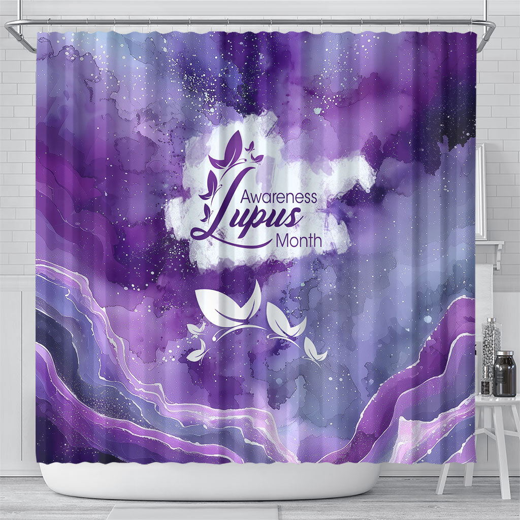 Lupus Awareness Month Shower Curtain Purple Ribbon Watercolor Galaxy Butterfly Floral Support Art