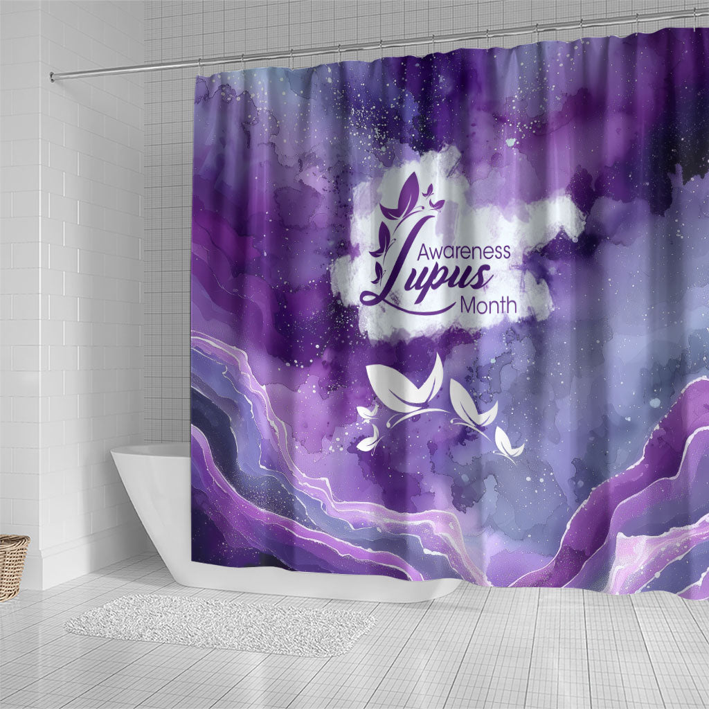 Lupus Awareness Month Shower Curtain Purple Ribbon Watercolor Galaxy Butterfly Floral Support Art