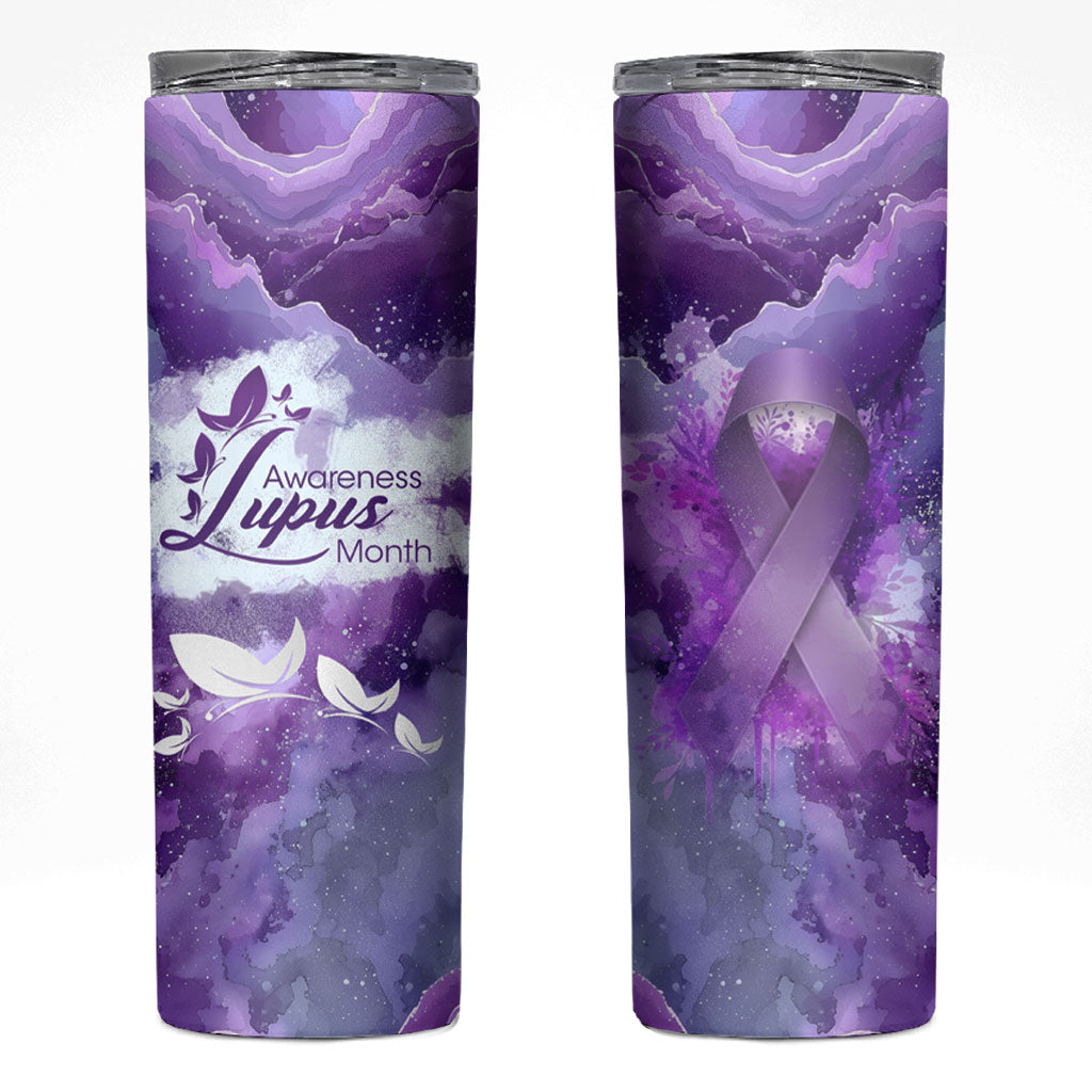 Lupus Awareness Month Skinny Tumbler Purple Ribbon Watercolor Galaxy Butterfly Floral Support Art