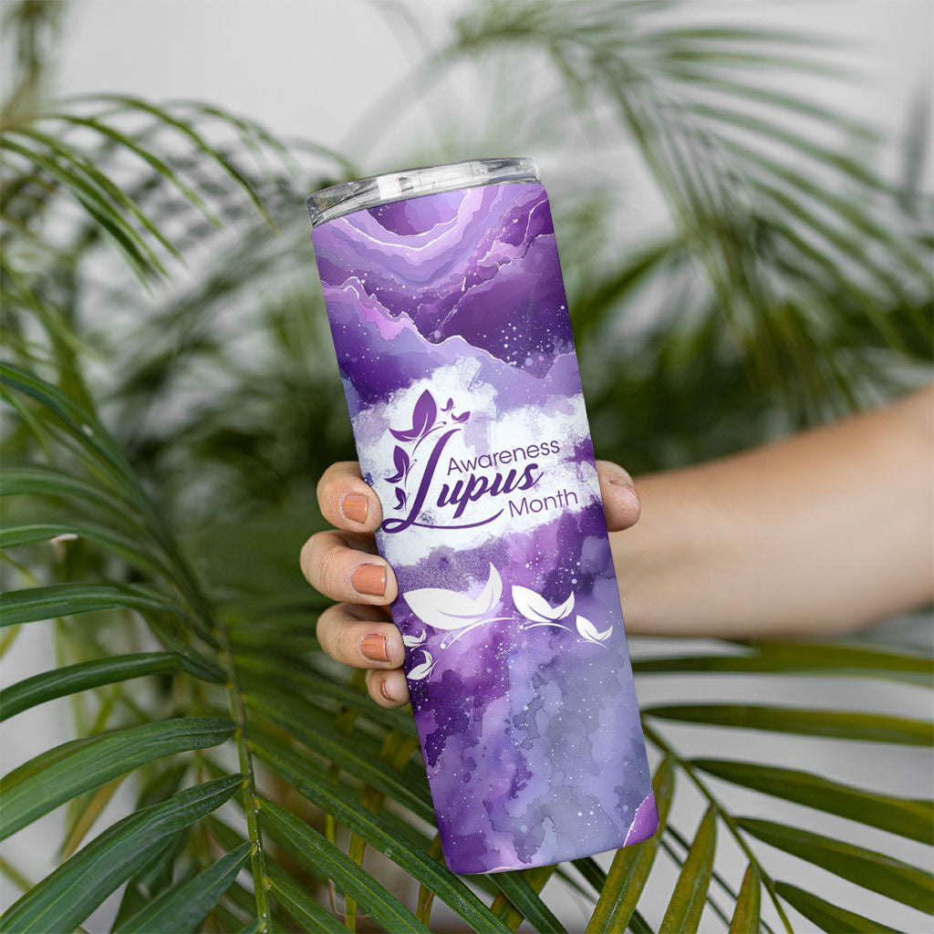 Lupus Awareness Month Skinny Tumbler Purple Ribbon Watercolor Galaxy Butterfly Floral Support Art