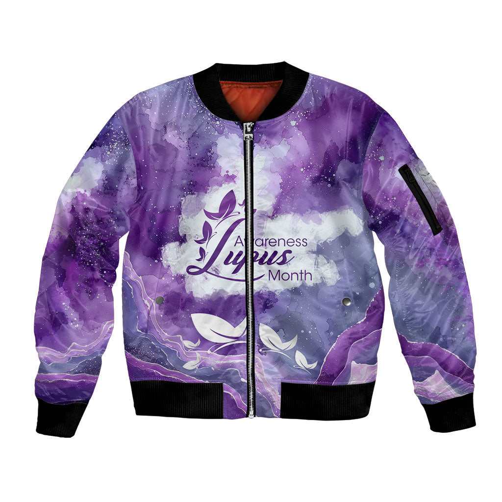 Lupus Awareness Month Sleeve Zip Bomber Jacket Purple Ribbon Watercolor Galaxy Butterfly Floral Support Art