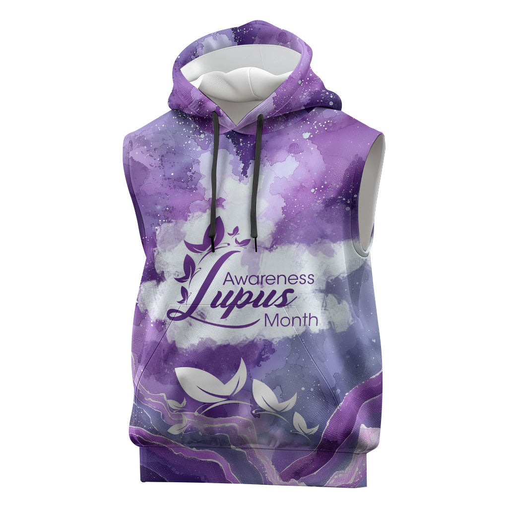Lupus Awareness Month Sleeveless Hoodie Purple Ribbon Watercolor Galaxy Butterfly Floral Support Art