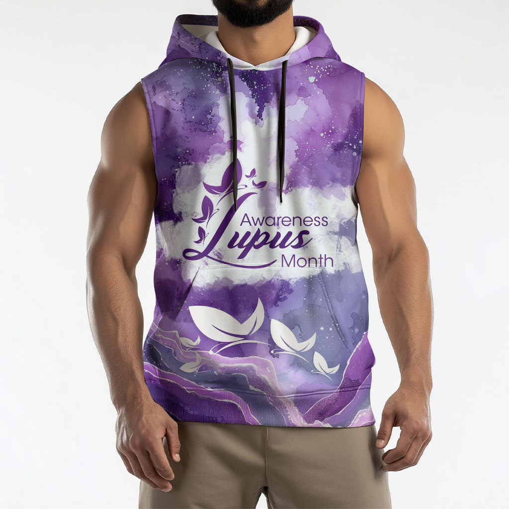 Lupus Awareness Month Sleeveless Hoodie Purple Ribbon Watercolor Galaxy Butterfly Floral Support Art
