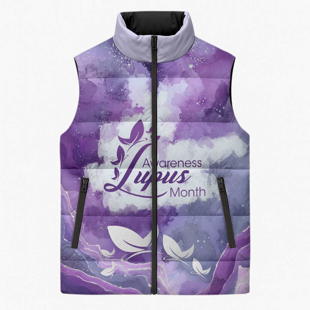 Lupus Awareness Month Sleeveless Puffer Jacket Purple Ribbon Watercolor Galaxy Butterfly Floral Support Art