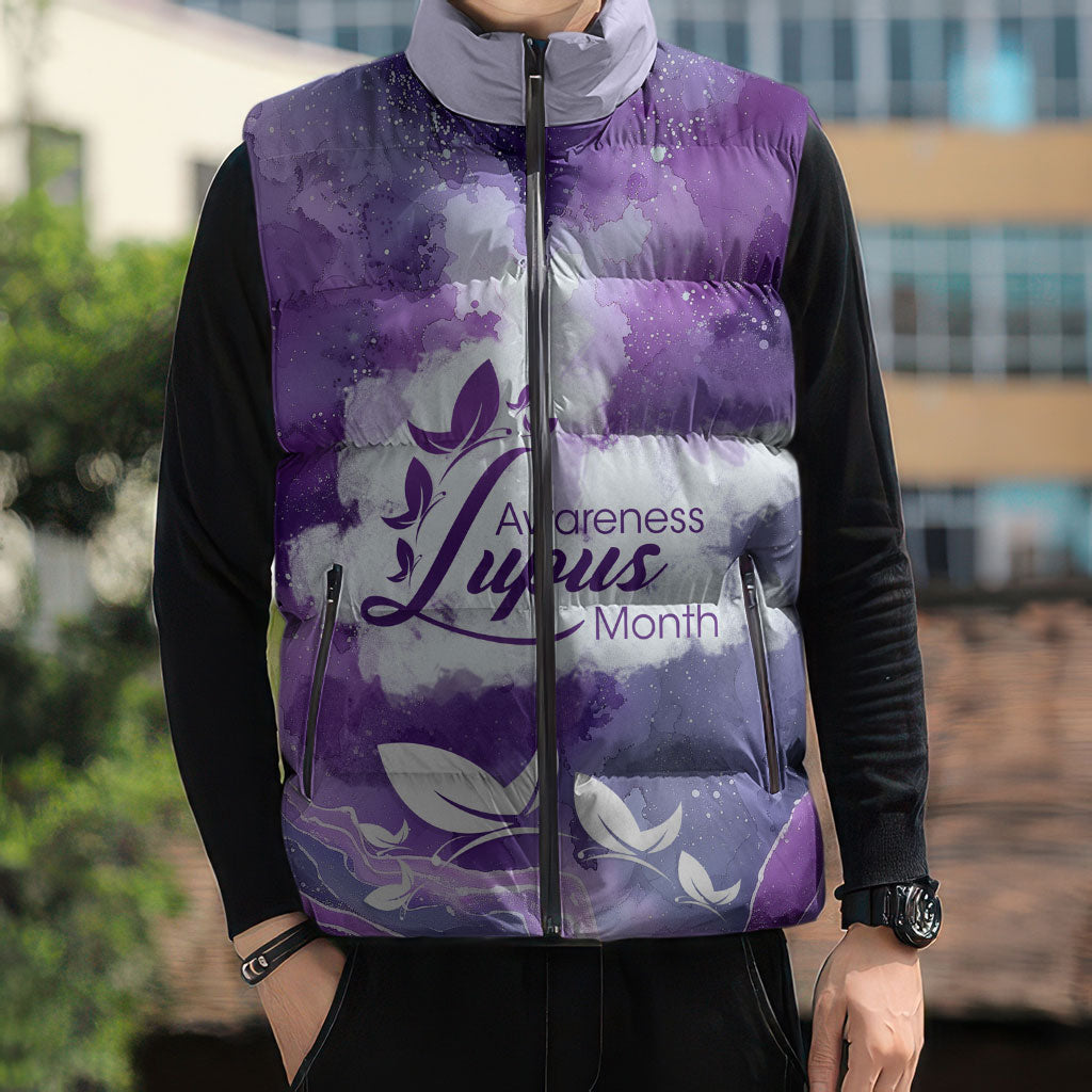 Lupus Awareness Month Sleeveless Puffer Jacket Purple Ribbon Watercolor Galaxy Butterfly Floral Support Art