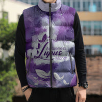 Lupus Awareness Month Sleeveless Puffer Jacket Purple Ribbon Watercolor Galaxy Butterfly Floral Support Art