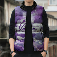 Lupus Awareness Month Sleeveless Puffer Jacket Purple Ribbon Watercolor Galaxy Butterfly Floral Support Art