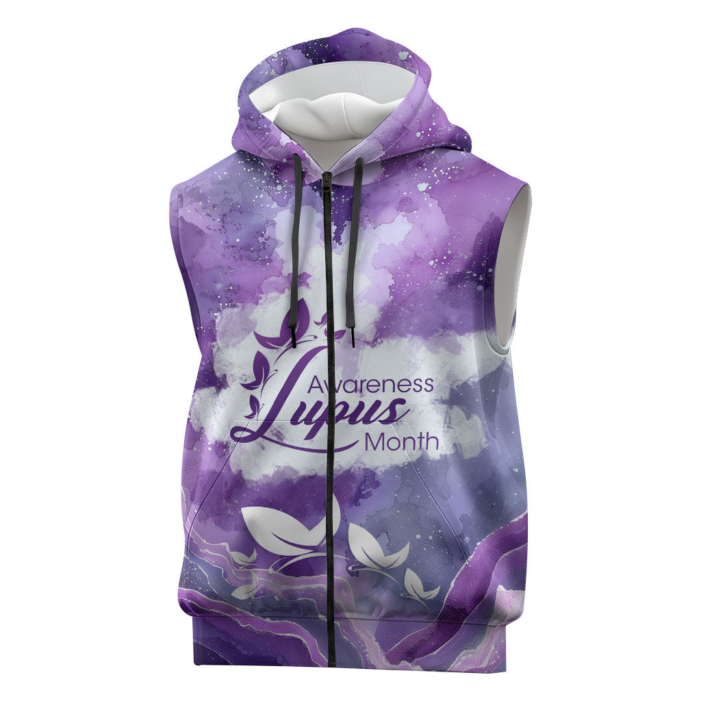 Lupus Awareness Month Sleeveless Zip Hoodie Purple Ribbon Watercolor Galaxy Butterfly Floral Support Art