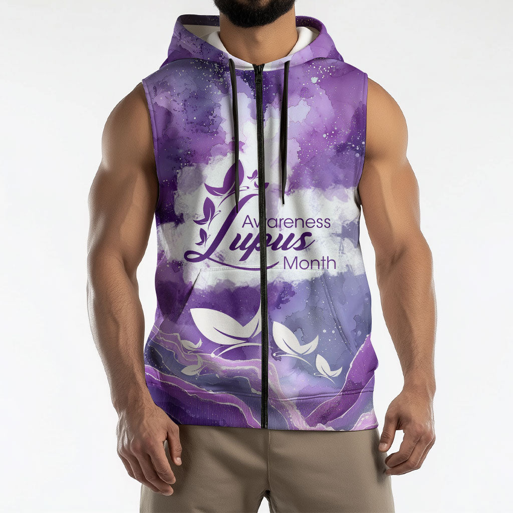 Lupus Awareness Month Sleeveless Zip Hoodie Purple Ribbon Watercolor Galaxy Butterfly Floral Support Art