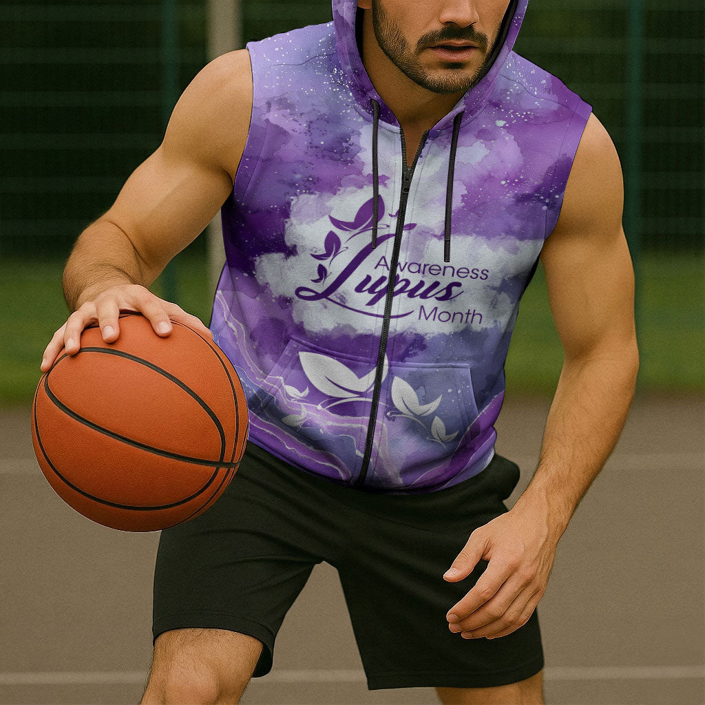 Lupus Awareness Month Sleeveless Zip Hoodie Purple Ribbon Watercolor Galaxy Butterfly Floral Support Art
