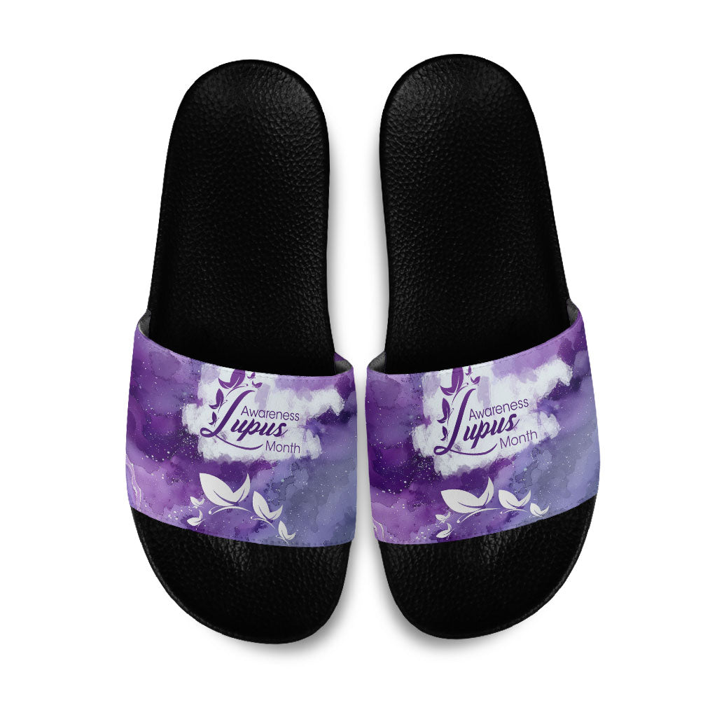 Lupus Awareness Month Slide Sandals Purple Ribbon Watercolor Galaxy Butterfly Floral Support Art