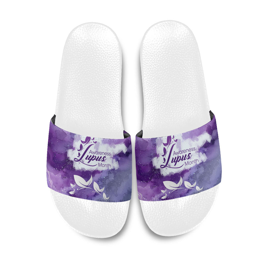 Lupus Awareness Month Slide Sandals Purple Ribbon Watercolor Galaxy Butterfly Floral Support Art