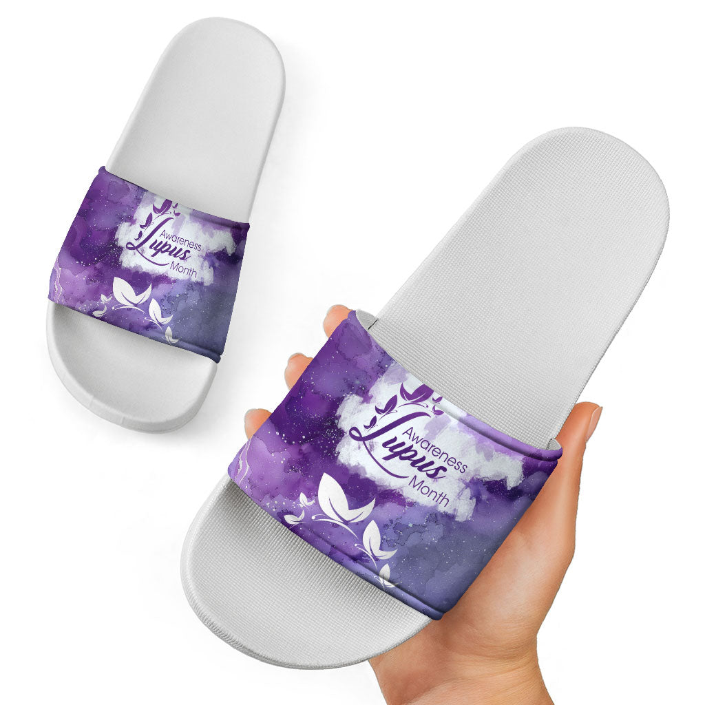 Lupus Awareness Month Slide Sandals Purple Ribbon Watercolor Galaxy Butterfly Floral Support Art