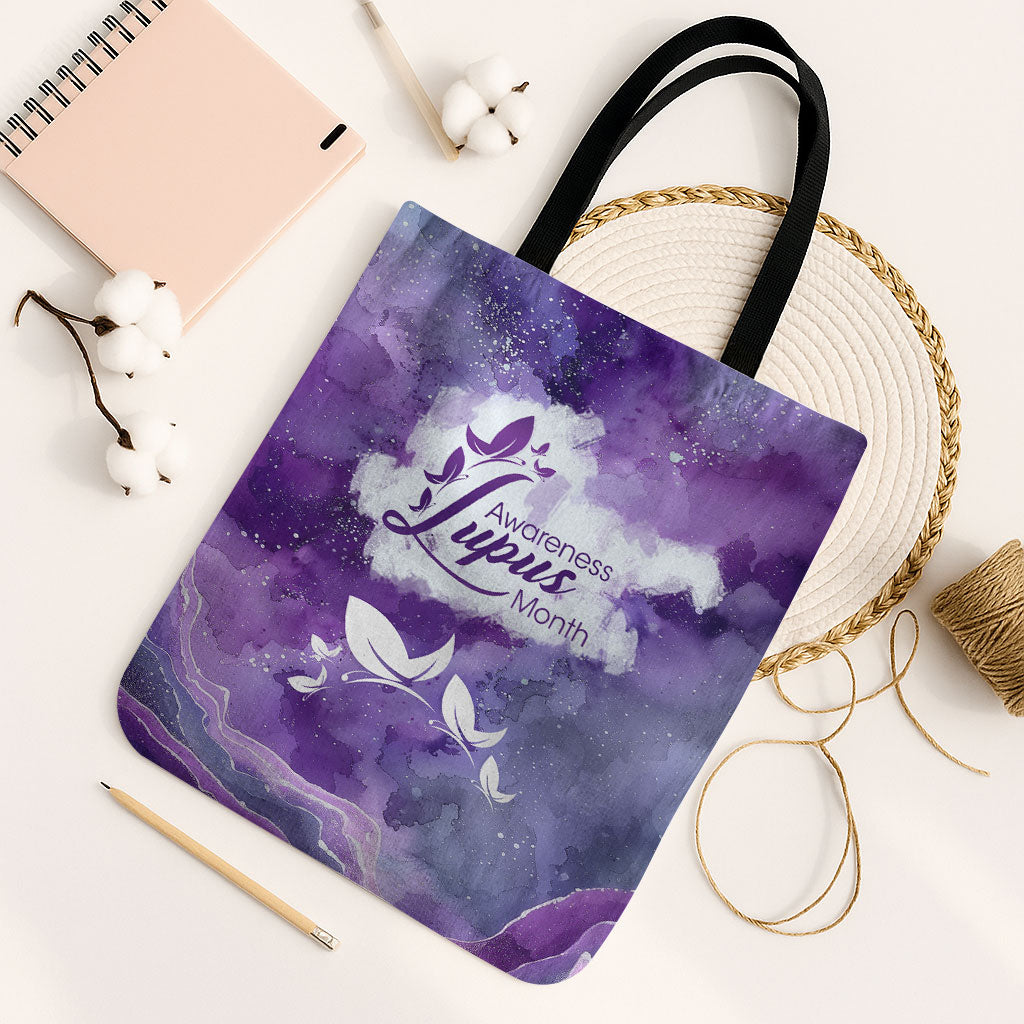 Lupus Awareness Month Tote Bag Purple Ribbon Watercolor Galaxy Butterfly Floral Support Art