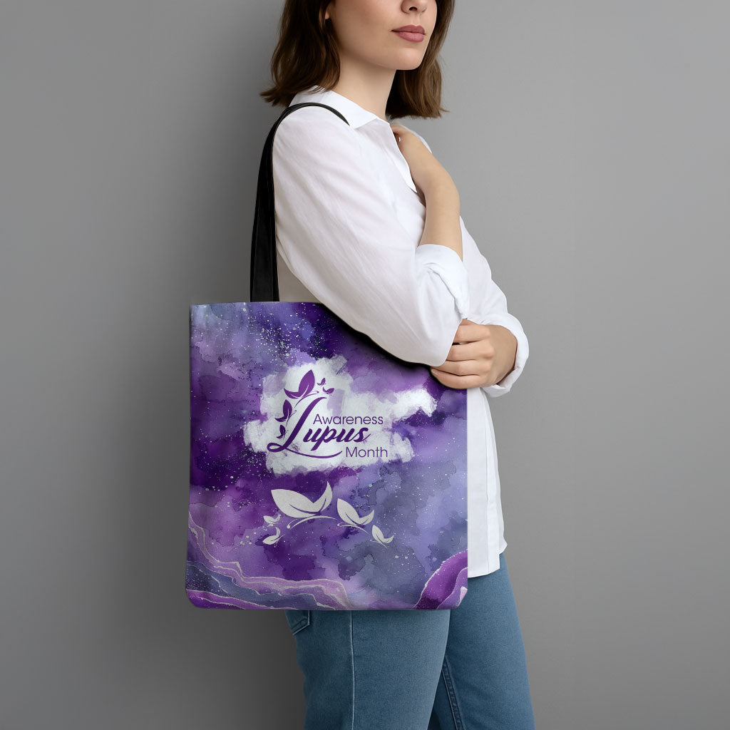 Lupus Awareness Month Tote Bag Purple Ribbon Watercolor Galaxy Butterfly Floral Support Art