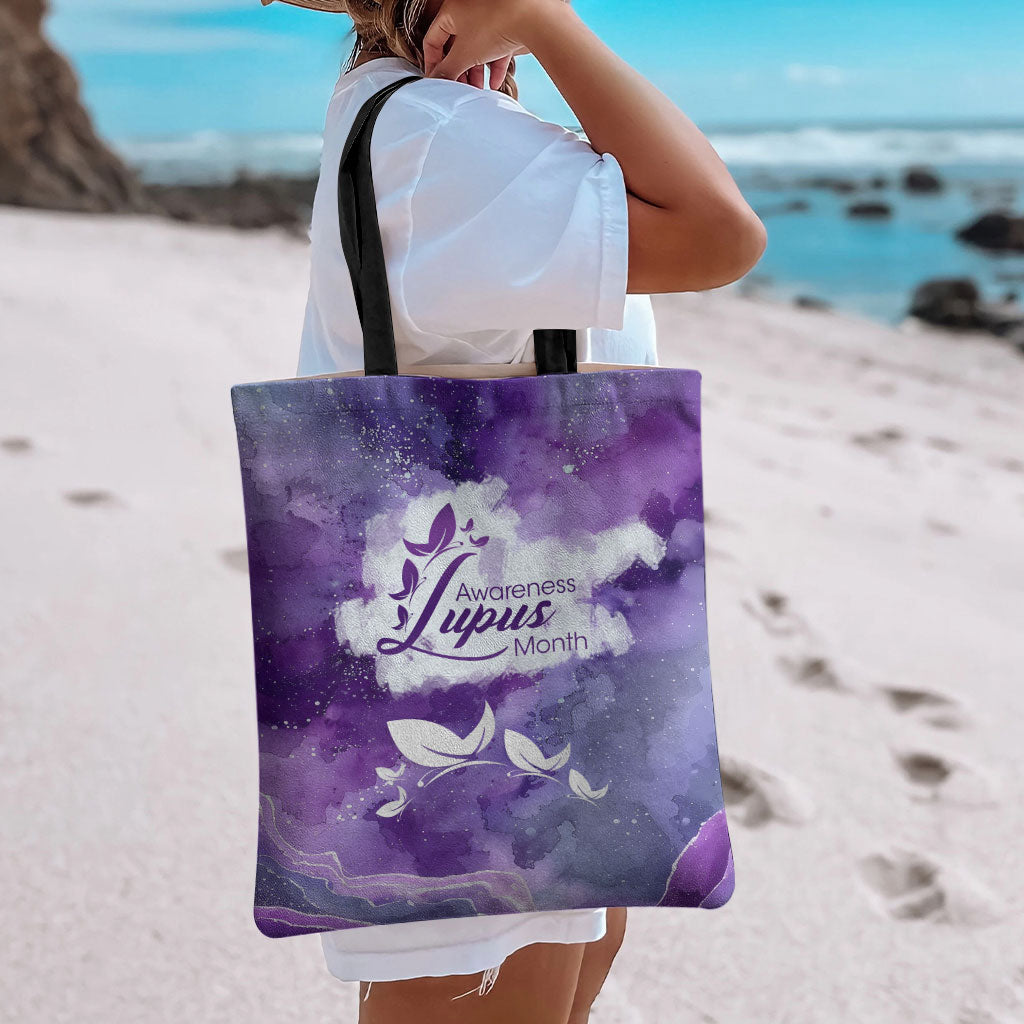 Lupus Awareness Month Tote Bag Purple Ribbon Watercolor Galaxy Butterfly Floral Support Art