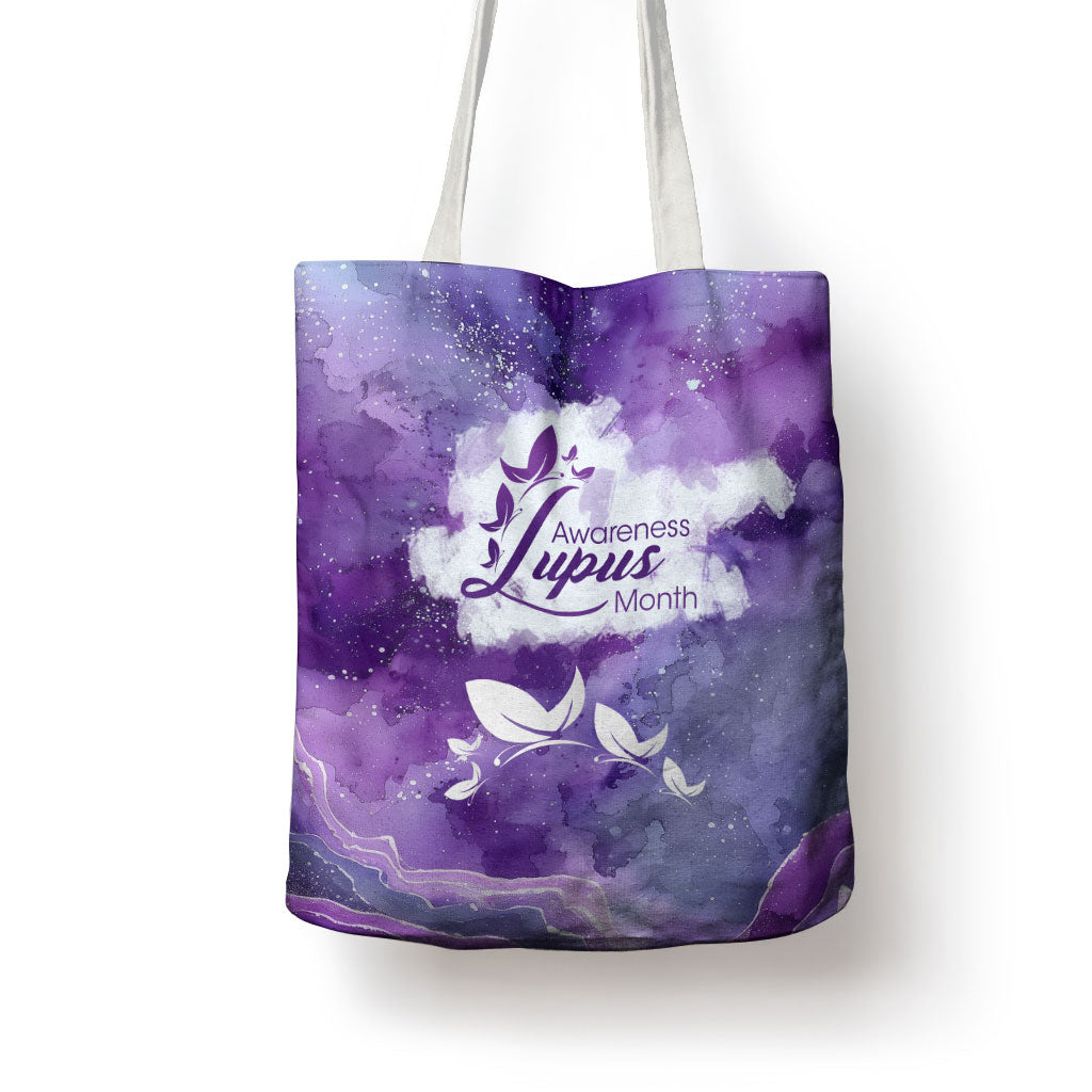 Lupus Awareness Month Tote Bag Purple Ribbon Watercolor Galaxy Butterfly Floral Support Art