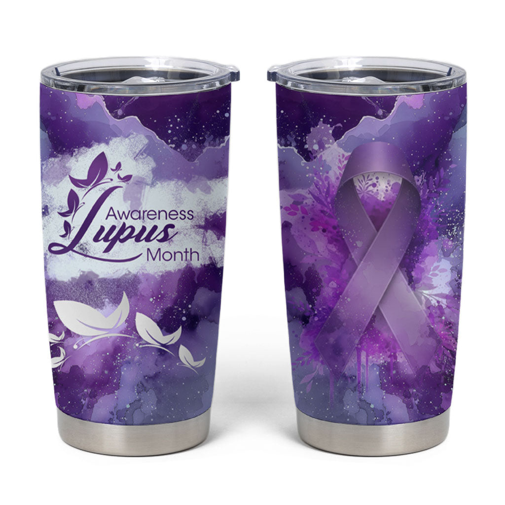 Lupus Awareness Month Tumbler Cup Purple Ribbon Watercolor Galaxy Butterfly Floral Support Art