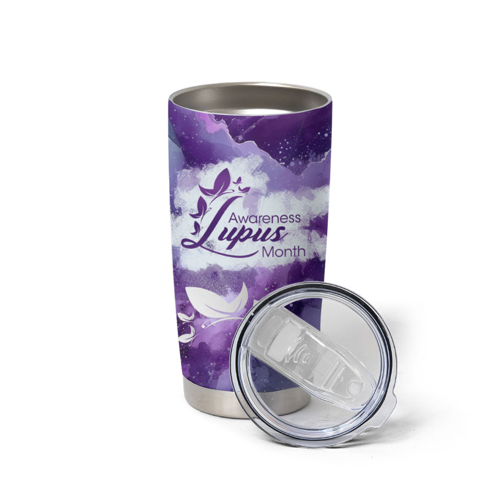 Lupus Awareness Month Tumbler Cup Purple Ribbon Watercolor Galaxy Butterfly Floral Support Art