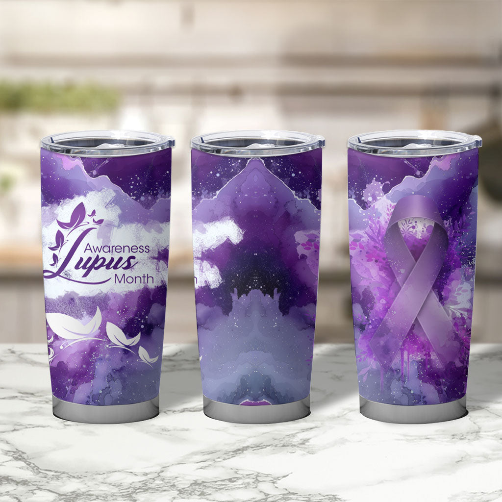 Lupus Awareness Month Tumbler Cup Purple Ribbon Watercolor Galaxy Butterfly Floral Support Art
