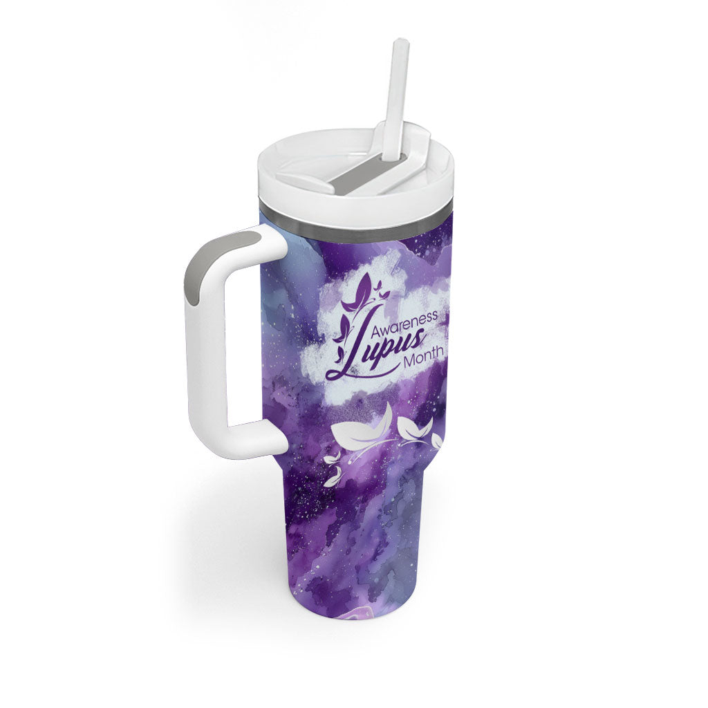 Lupus Awareness Month Tumbler With Handle Purple Ribbon Watercolor Galaxy Butterfly Floral Support Art