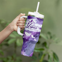 Lupus Awareness Month Tumbler With Handle Purple Ribbon Watercolor Galaxy Butterfly Floral Support Art