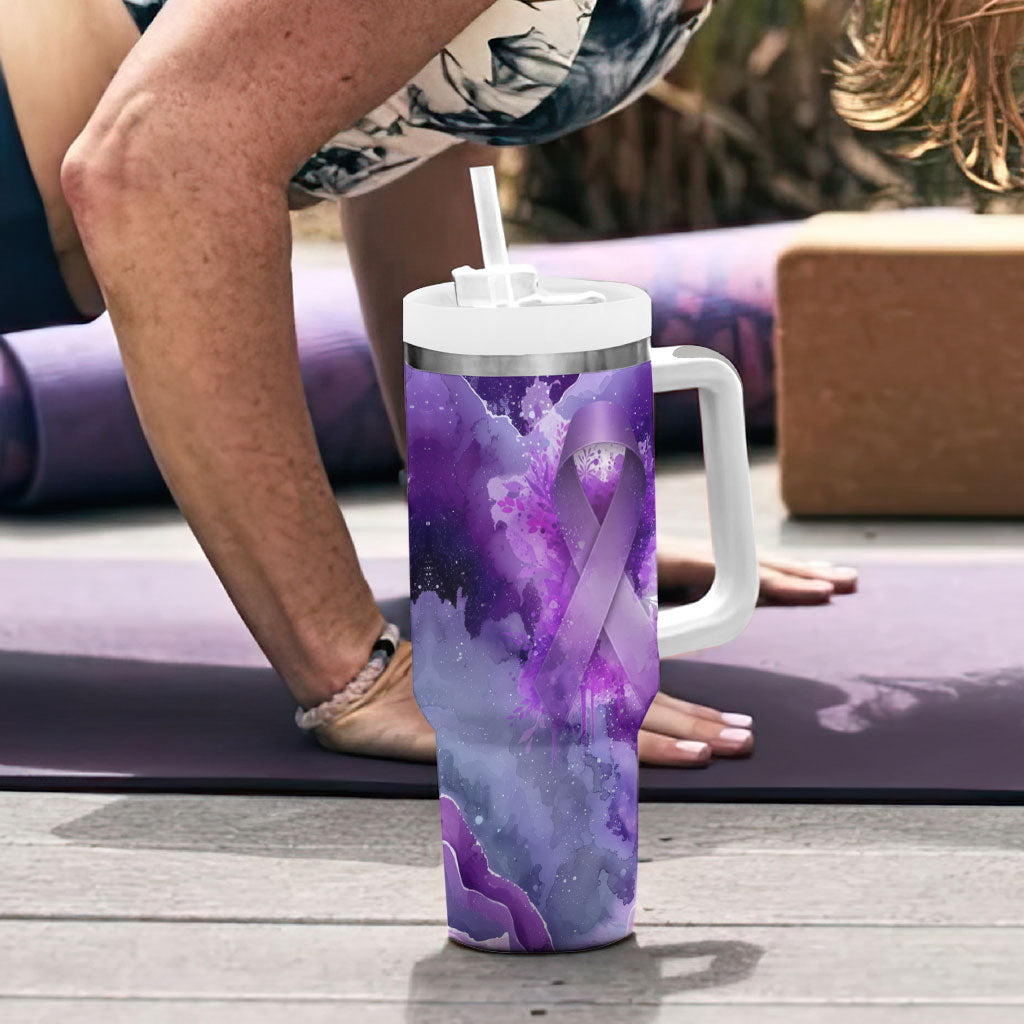 Lupus Awareness Month Tumbler With Handle Purple Ribbon Watercolor Galaxy Butterfly Floral Support Art