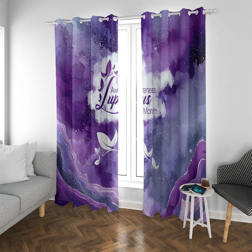 Lupus Awareness Month Window Curtain Purple Ribbon Watercolor Galaxy Butterfly Floral Support Art