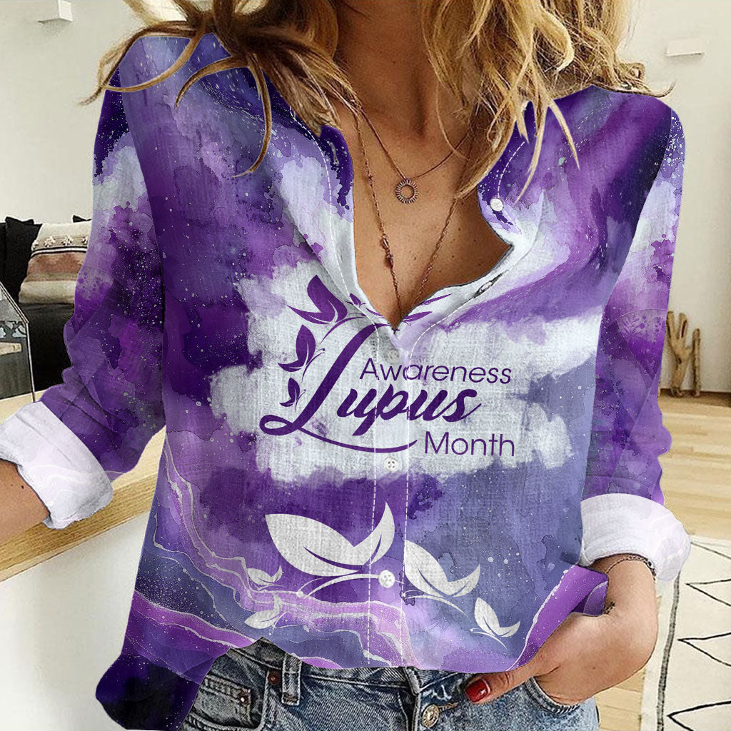 Lupus Awareness Month Women Casual Shirt Purple Ribbon Watercolor Galaxy Butterfly Floral Support Art