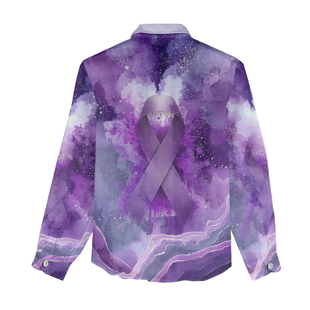 Lupus Awareness Month Women Casual Shirt Purple Ribbon Watercolor Galaxy Butterfly Floral Support Art