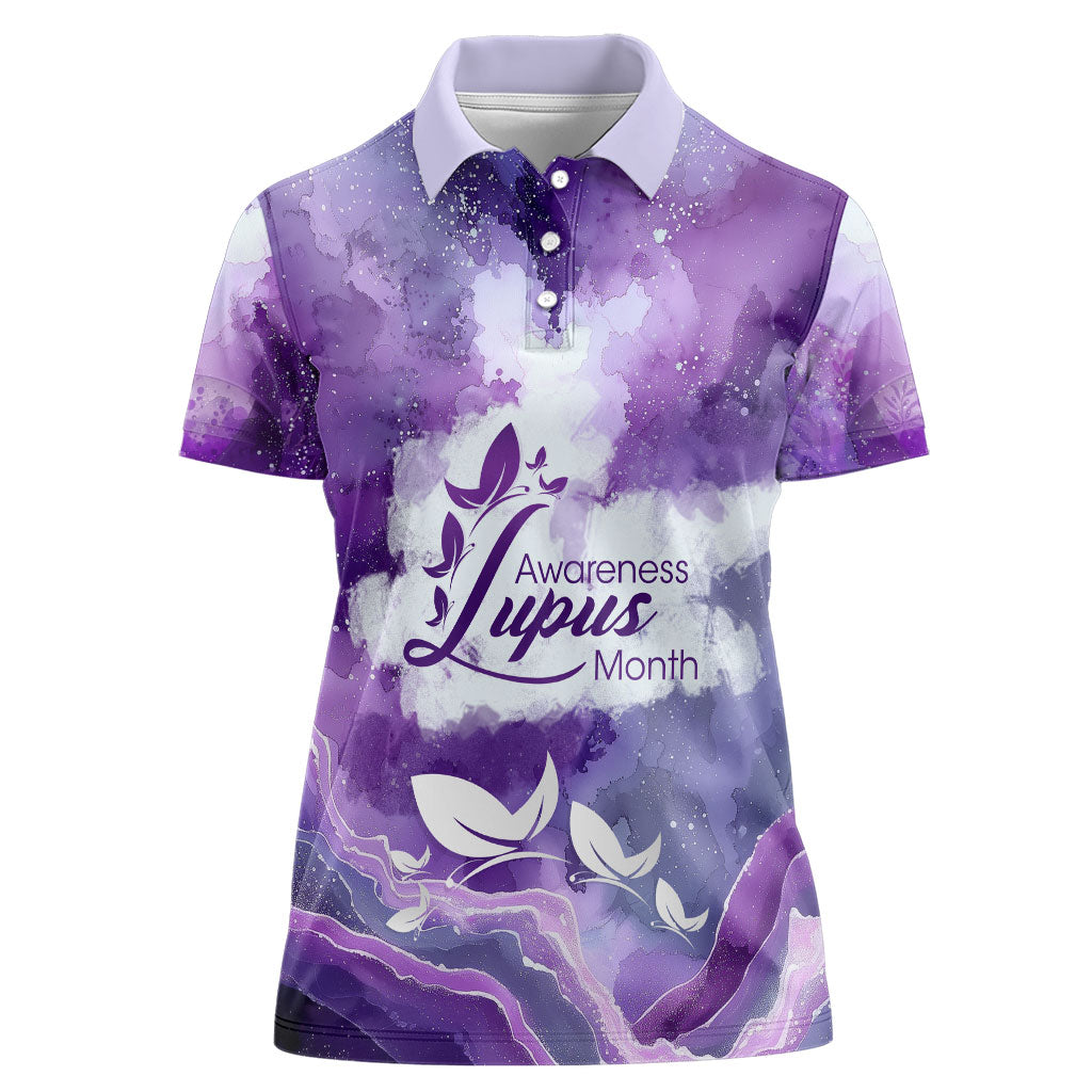 Lupus Awareness Month Women Polo Shirt Purple Ribbon Watercolor Galaxy Butterfly Floral Support Art