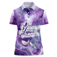 Lupus Awareness Month Women Polo Shirt Purple Ribbon Watercolor Galaxy Butterfly Floral Support Art