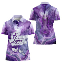 Lupus Awareness Month Women Polo Shirt Purple Ribbon Watercolor Galaxy Butterfly Floral Support Art
