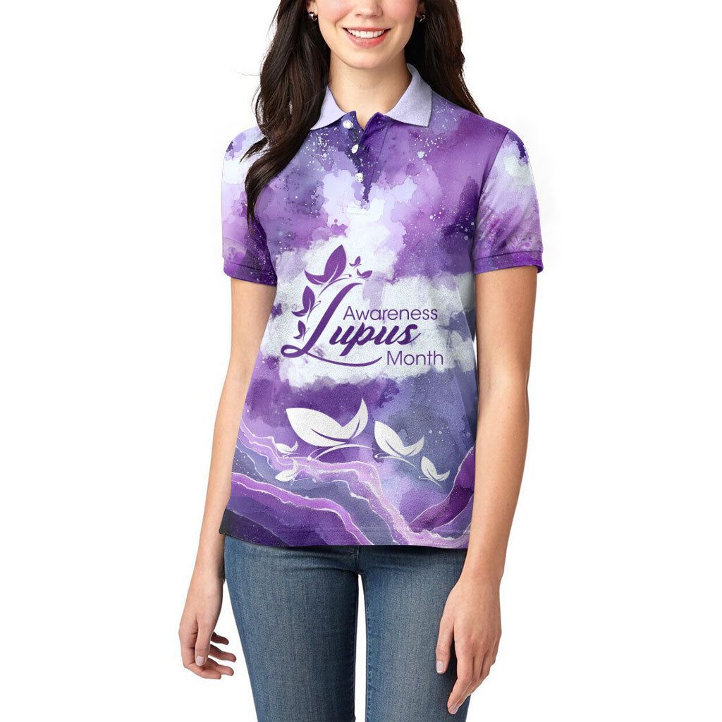 Lupus Awareness Month Women Polo Shirt Purple Ribbon Watercolor Galaxy Butterfly Floral Support Art