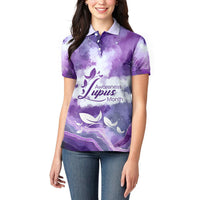 Lupus Awareness Month Women Polo Shirt Purple Ribbon Watercolor Galaxy Butterfly Floral Support Art