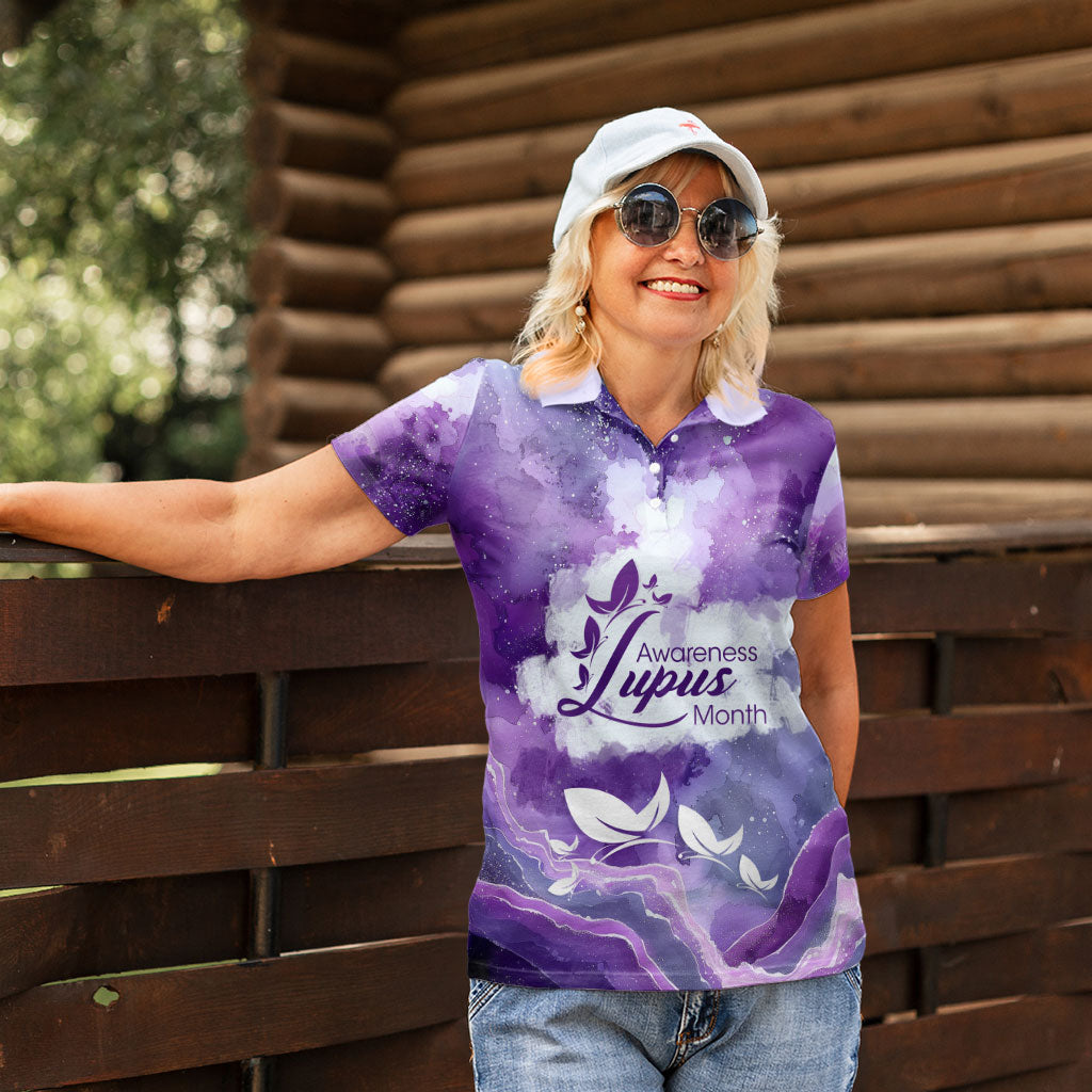 Lupus Awareness Month Women Polo Shirt Purple Ribbon Watercolor Galaxy Butterfly Floral Support Art