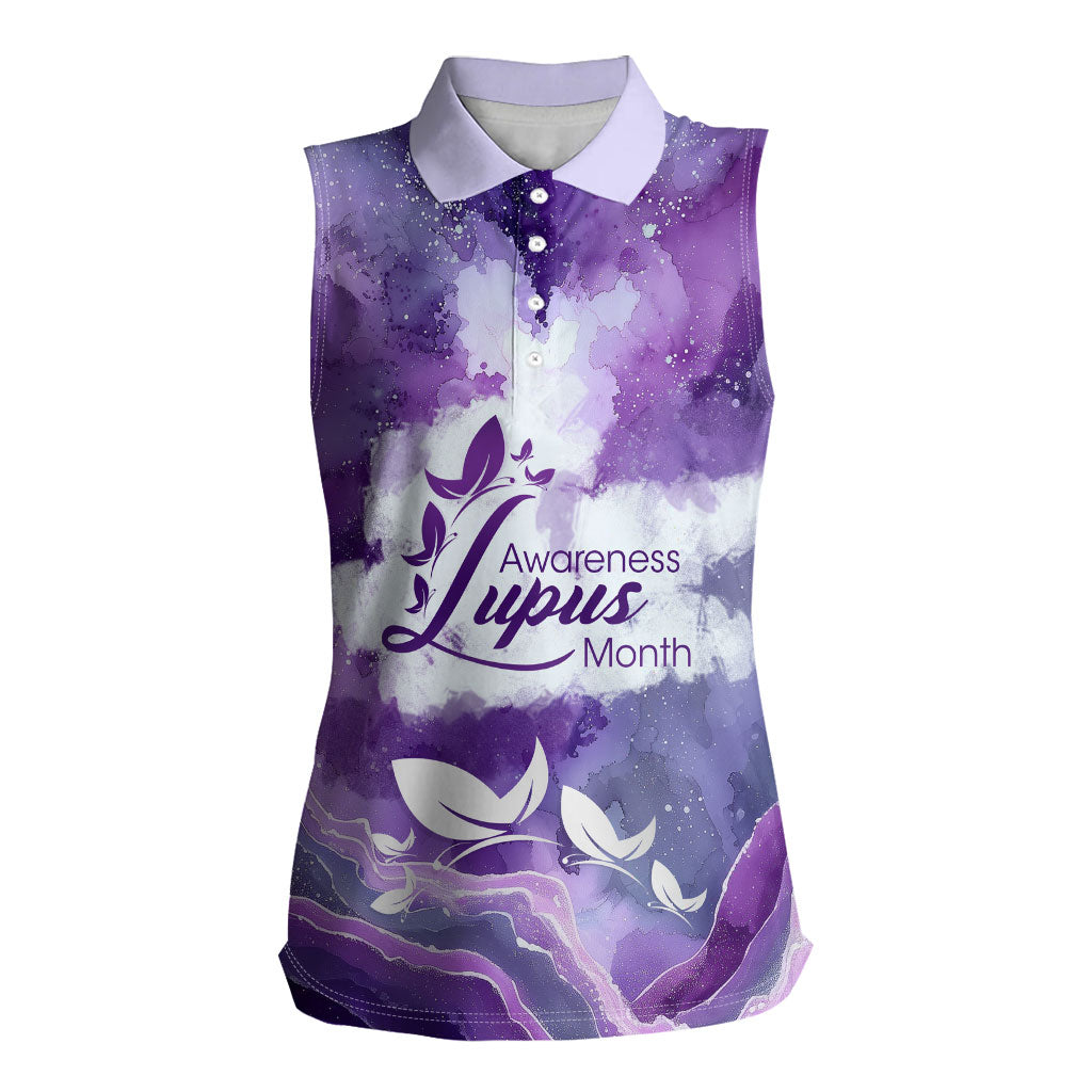 Lupus Awareness Month Women Sleeveless Polo Shirt Purple Ribbon Watercolor Galaxy Butterfly Floral Support Art