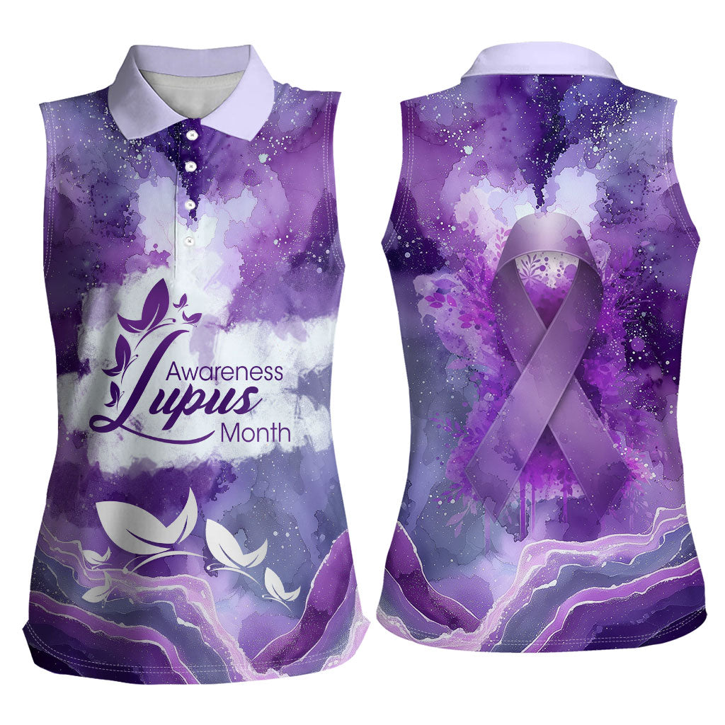 Lupus Awareness Month Women Sleeveless Polo Shirt Purple Ribbon Watercolor Galaxy Butterfly Floral Support Art