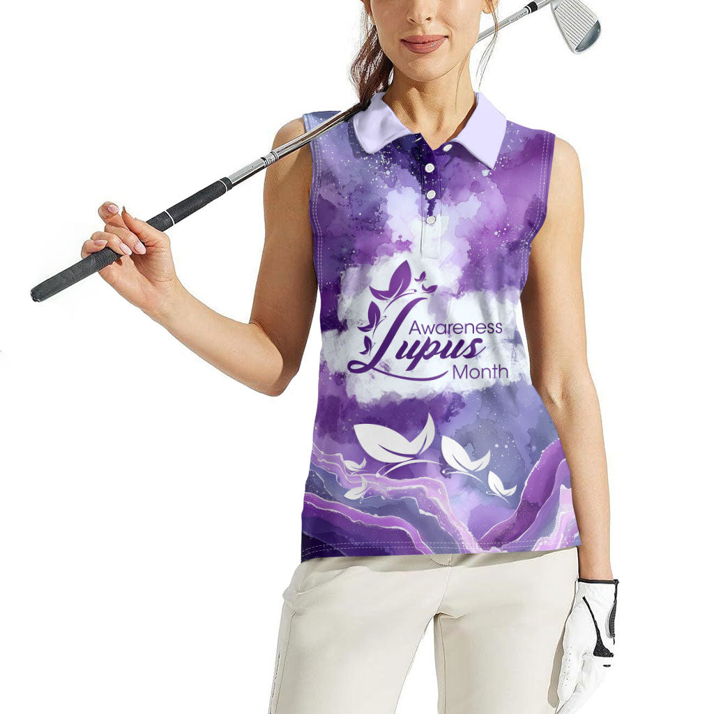 Lupus Awareness Month Women Sleeveless Polo Shirt Purple Ribbon Watercolor Galaxy Butterfly Floral Support Art