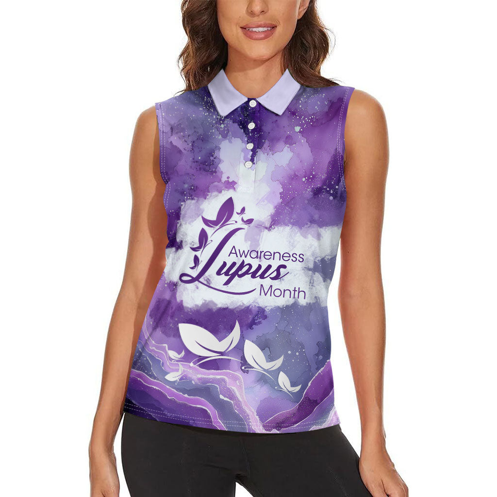 Lupus Awareness Month Women Sleeveless Polo Shirt Purple Ribbon Watercolor Galaxy Butterfly Floral Support Art