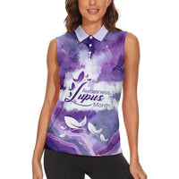 Lupus Awareness Month Women Sleeveless Polo Shirt Purple Ribbon Watercolor Galaxy Butterfly Floral Support Art